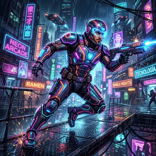 Futuristic Armor Suit | Vibrant Neon Cyberpunk Art