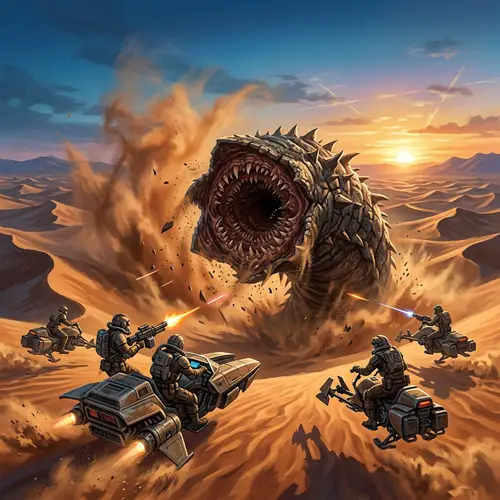 Dystopian Future Sci-Fi Novel Illustration: Desert Sandworm Encounter