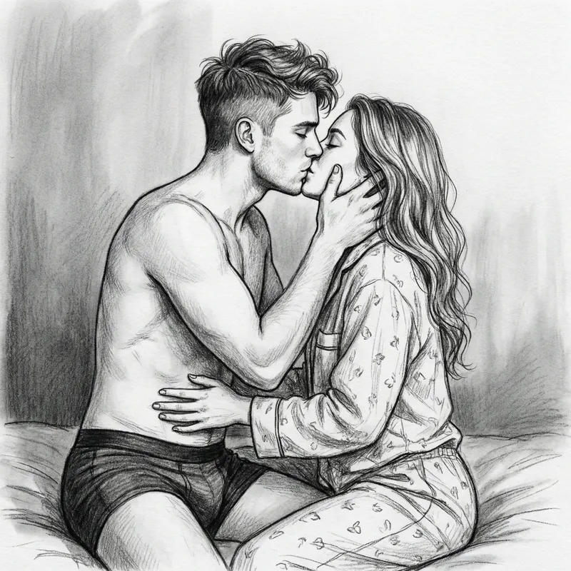 Detailed Romantic Kiss Pencil Sketch - Love Scene Illustration