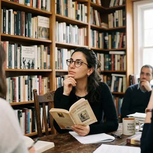 Lebanese Woman Reading in Thoughtful Conversation | Literary Discussion