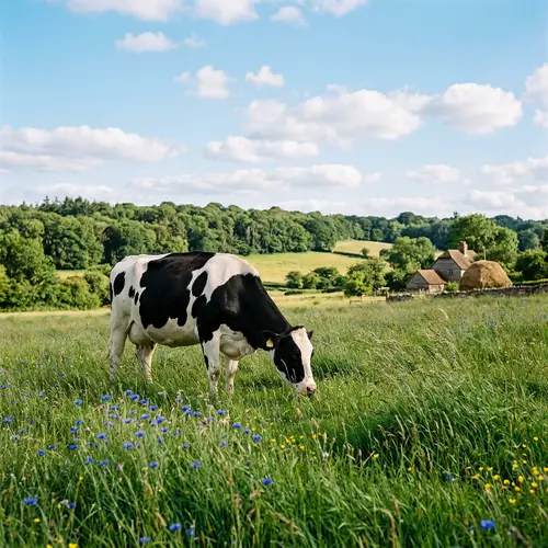 Tranquil Pastoral Scene: Lone Cow Grazing in Lush Field