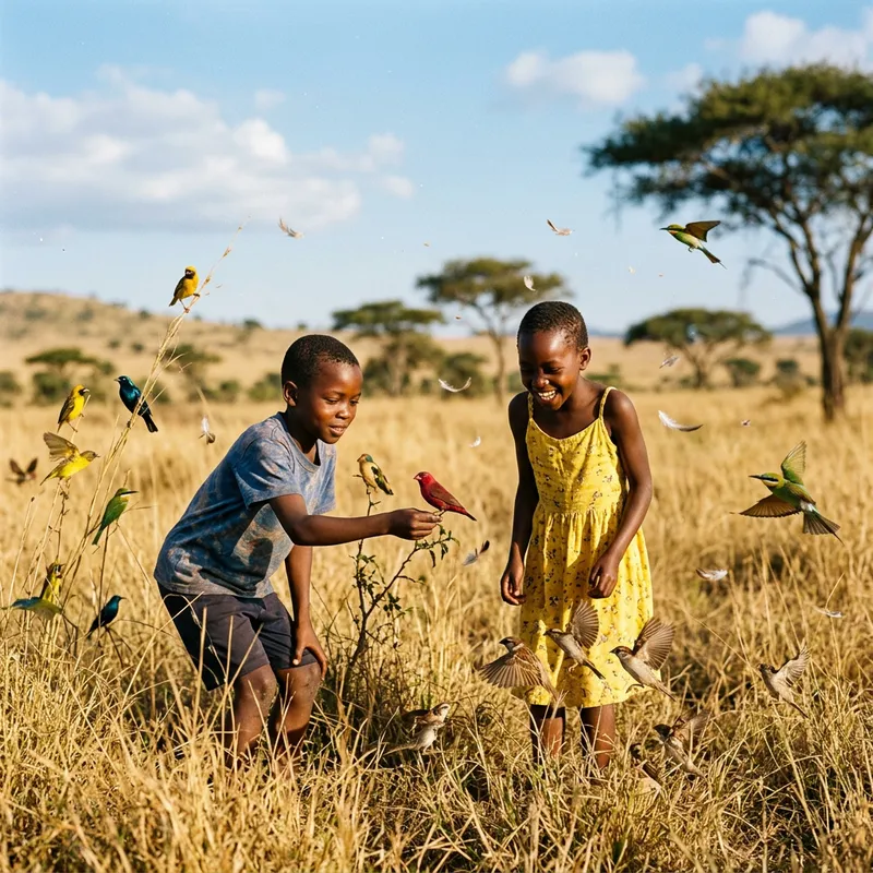 Young African Boy and Girl Playing in Sunlit Field with Colorful Birds