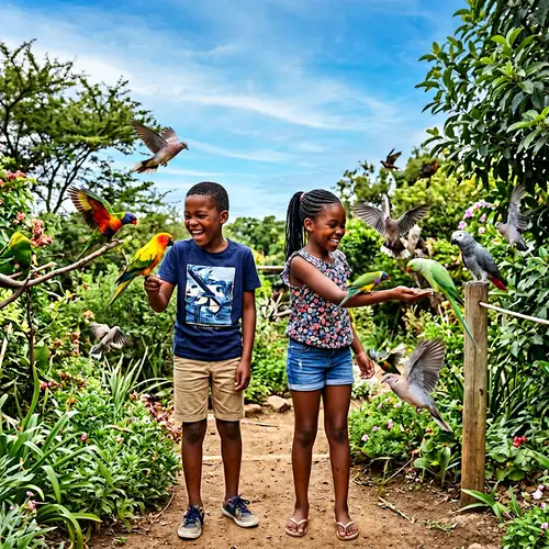South African Young Boy and Girl Playing with Birds