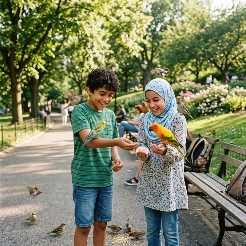 Enchanting Scene: Kids Playing with Colorful Birds