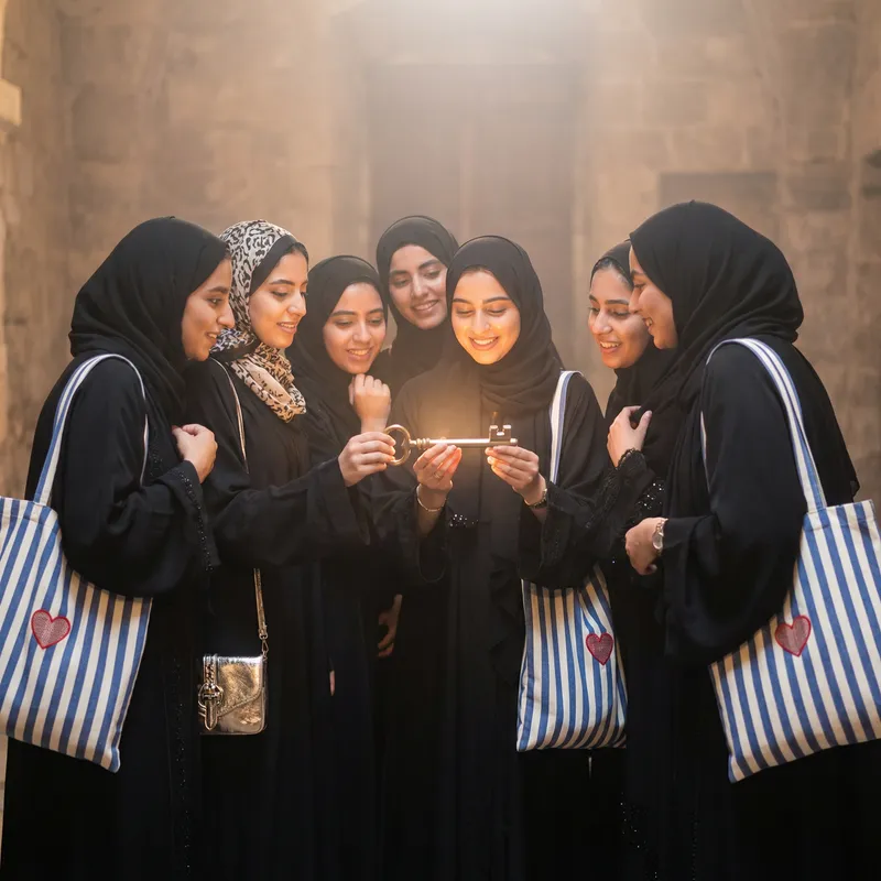 Captivating Black Abayas & Golden Key: Awe-Inspiring Scene of Wonder