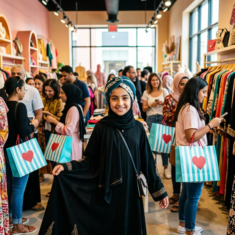 Vibrant Boutique Scene with Confident Girl and Black Abayas Vibrant Boutique Scene with Confident Girl and Black Abayas
