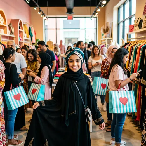Modern Middle-Eastern Girl Displays Black Abayas in Lively Boutique