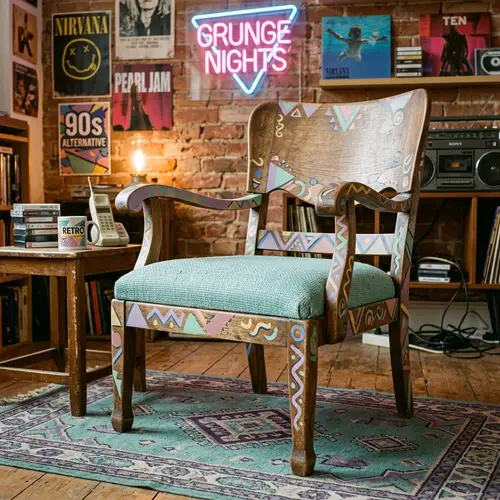 Vintage 90s Inspired Wooden Chair with Pastel Geometric Patterns