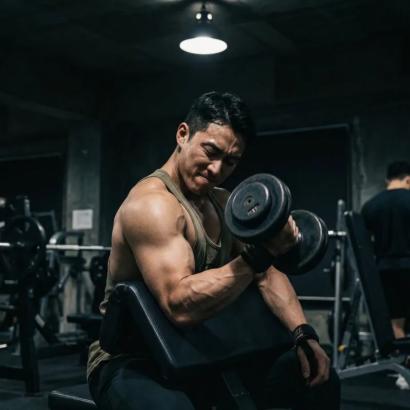 Intense Asian Bodybuilder Workout in Dimly Lit Gym