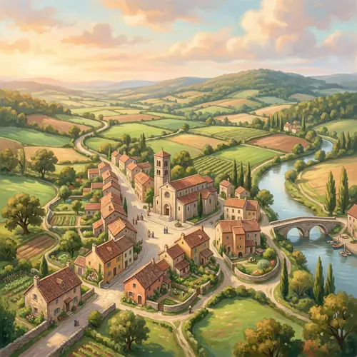 Idyllic Pastel Countryside Village: Aerial Serenity