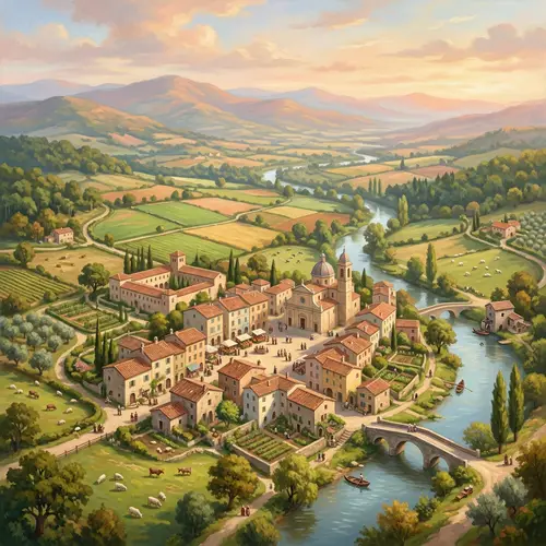 Idyllic Countryside Village in Pastel Colors