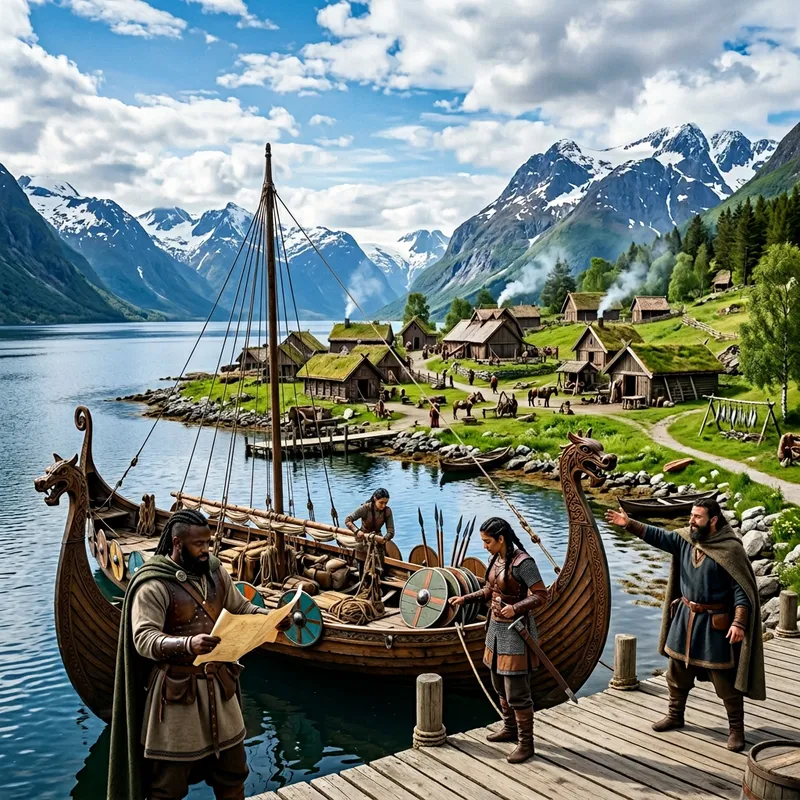 Vikings in Diverse Settlement Amid Idyllic Landscape