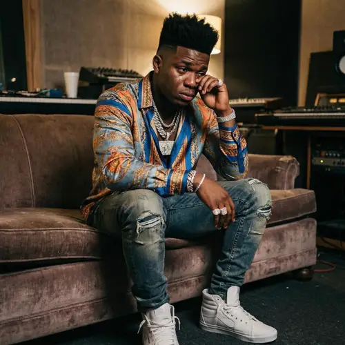 Young African Man in Colorful Silk Shirt and Jeans Crying