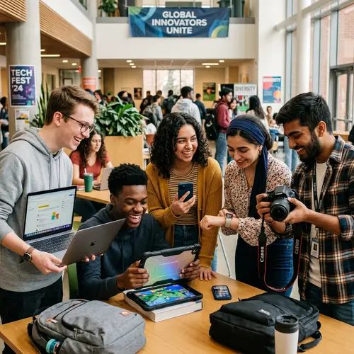 Diverse Students Celebrating Technology Together
