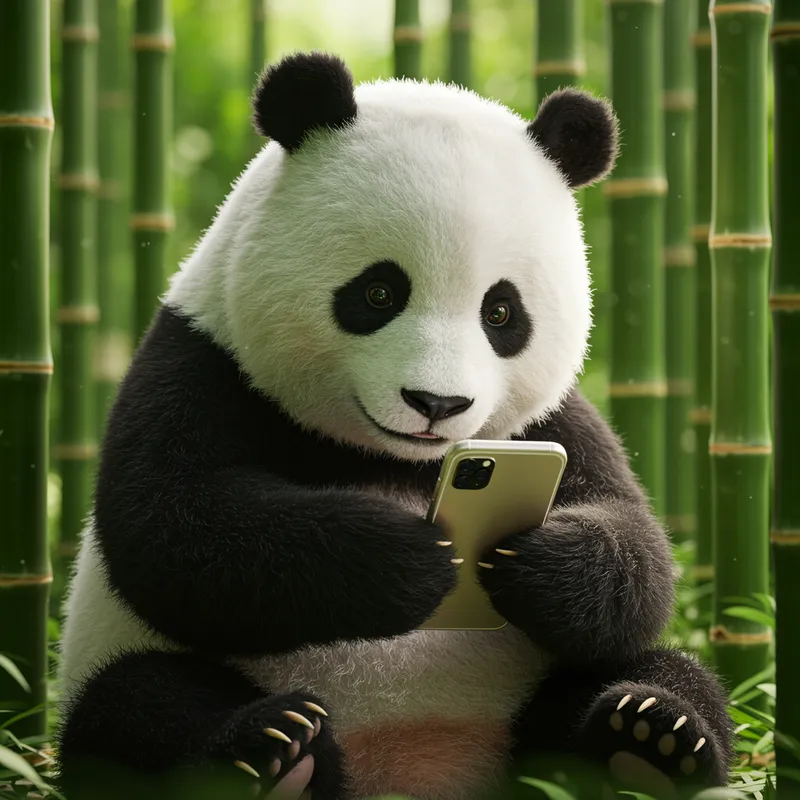 Panda with Cellphone and Bamboo Background