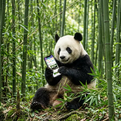 Panda with Cellphone and Bamboo Background