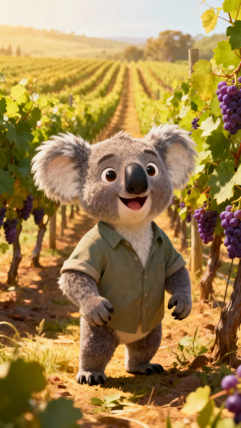 Cheerful Animated Koala in Vineyard