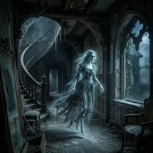 Eerie Ghostly Figure in Abandoned Mansion