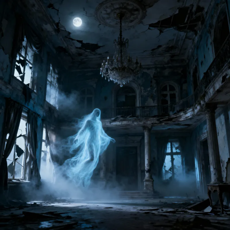 Eerie Ghostly Figure in Abandoned Mansion
