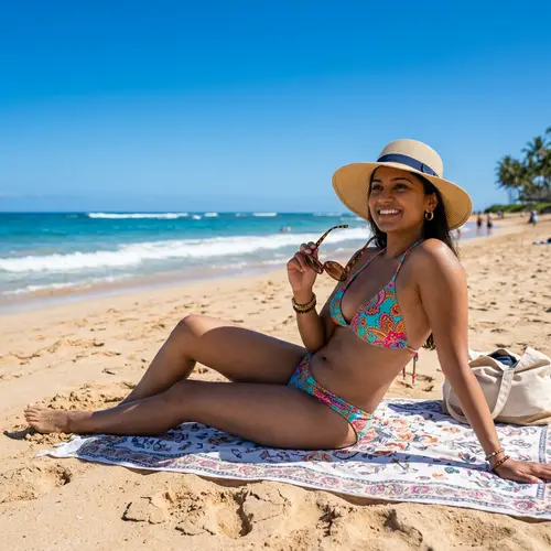 Stunning South Asian Woman Relaxing in Colorful Bikini on Beach