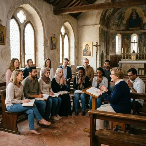 Diverse Church Study Group in Mediterranean Style Interior