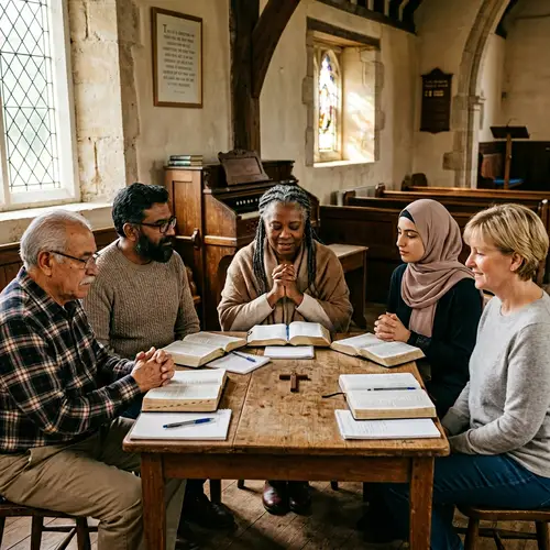 Diverse Bible Study Group in Quaint Church Prays Together