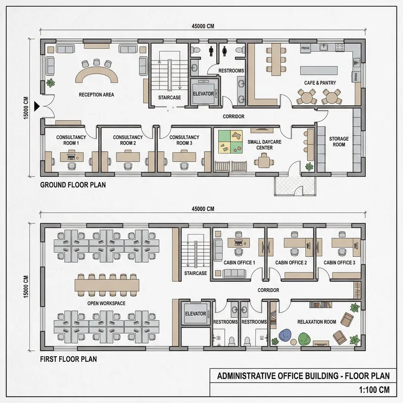 Modern Administrative Office Building Floor Plan: Cafe, Pantry, Consultancy Rooms Modern Administrative Office Building Floor Plan: Cafe, Pantry, Consultancy Rooms