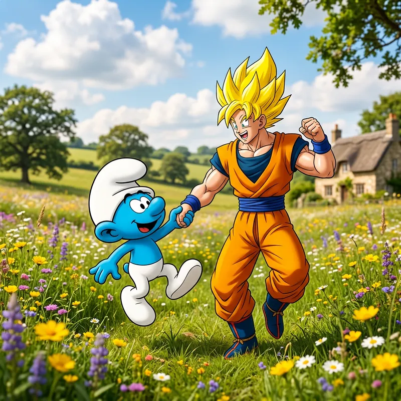 Dancing Smurf with Goku - Playful and Energetic Cartoon Scene