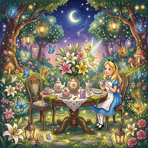 Whimsical Tea Garden with Lily Flowers & Fairies