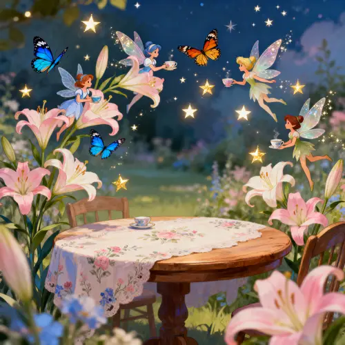 Whimsical Tea Garden with Lily Flowers & Fairies