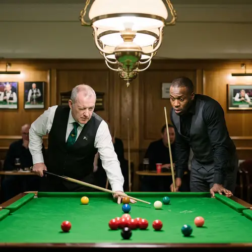 Professional Snooker Game: Intense Match between Middle-Aged Player and Athlete