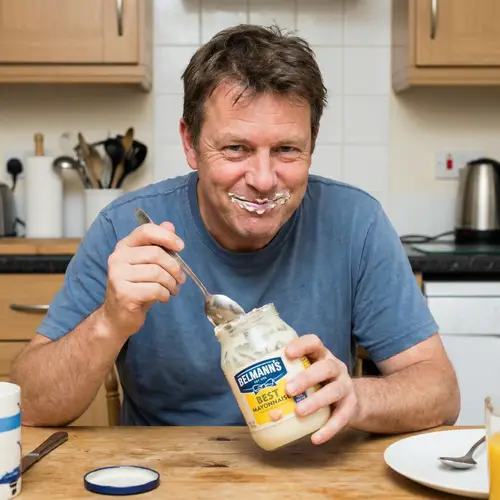 Middle-Aged Man Enjoying Whole Jar of Mayonnaise | Greedy Consumption