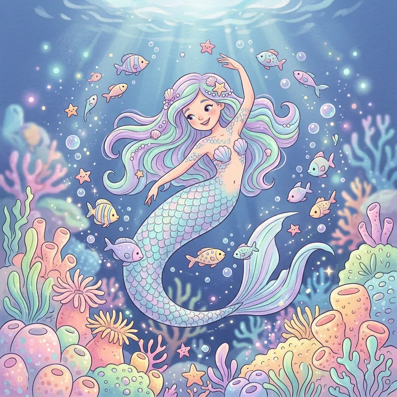 Saiya the Mermaid: Whimsical Coral Reef Dream in Soft Pastels Saiya the Mermaid: Whimsical Coral Reef Dream in Soft Pastels