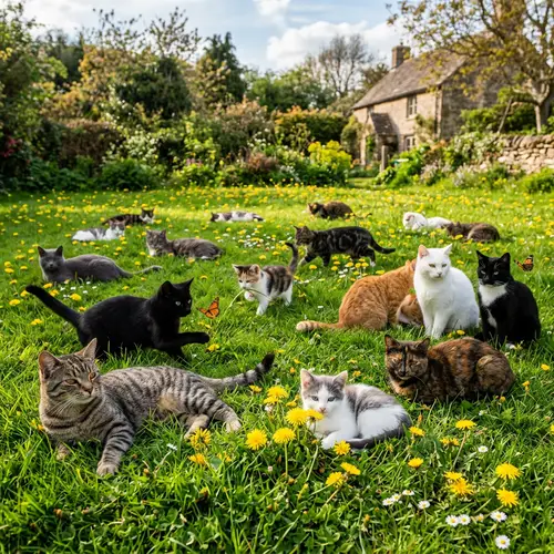 Diverse Range of Adult and Young Cats Lounging on Lush Lawn