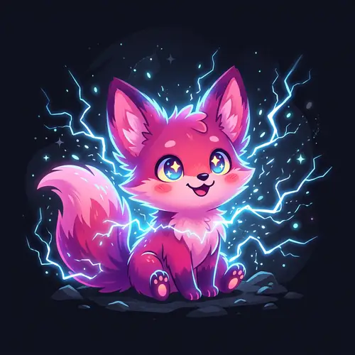 a cute 2D illustration of a pink and purple fox-like creature, similar to Pikachu