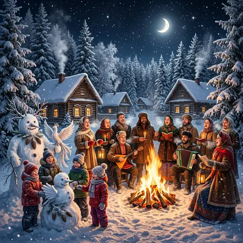 Traditional Slavic Winter Village Scene: Folklore Festivities