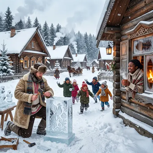 Winter Slavic Traditions: Snow-Covered Village & Ice Carving