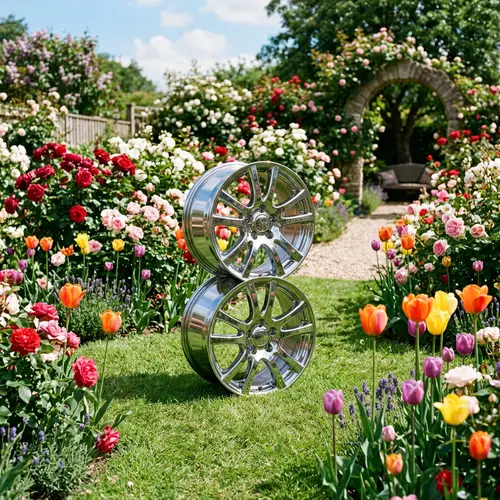 Number Eight Car Rims in Lush Garden | Elegant Floral Scene