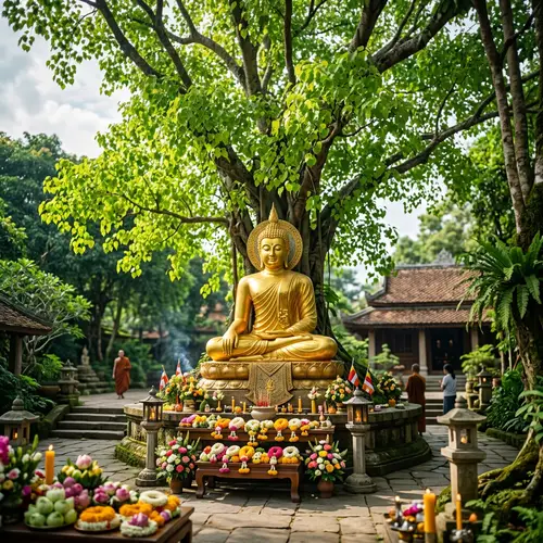 Tranquil Buddha Statue Meditation | Lush Bodhi Tree Scene