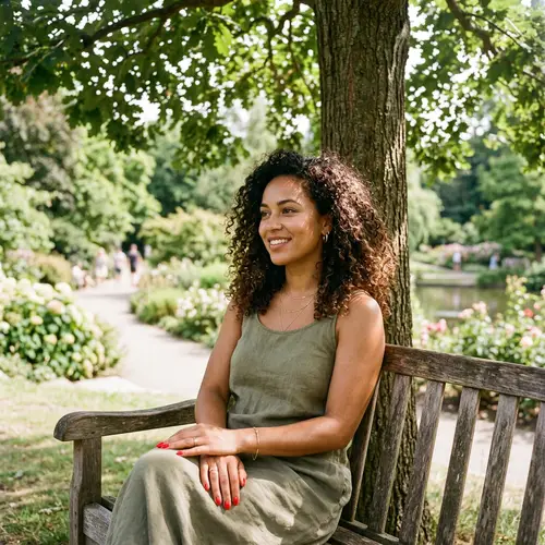 Tranquil Woman with Curly Hair and Red Nails in Park