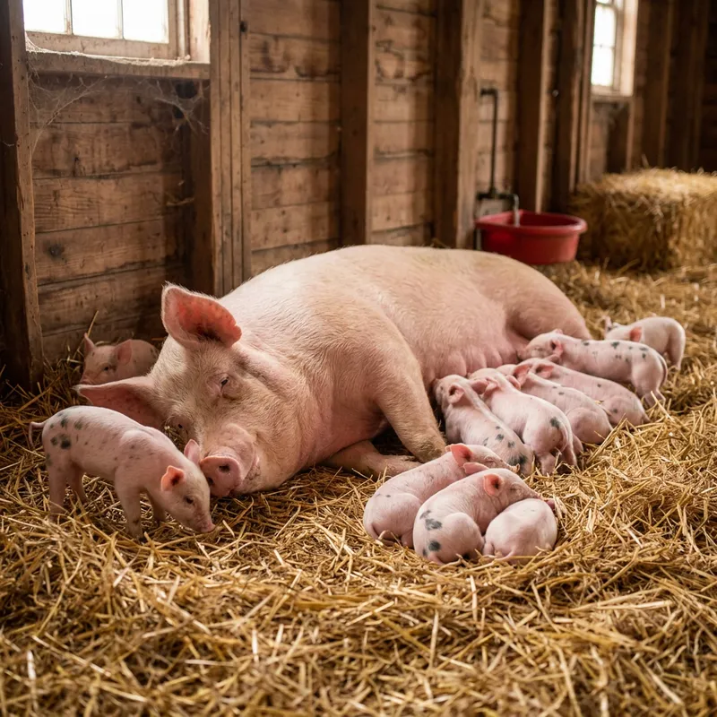 Caring Mother Pig and Her Newborn Piglets Caring Mother Pig and Her Newborn Piglets