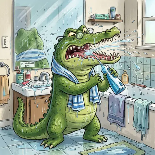 Hilarious Green Alligator Using Oral Irrigator for Chaotic Dental Hygiene