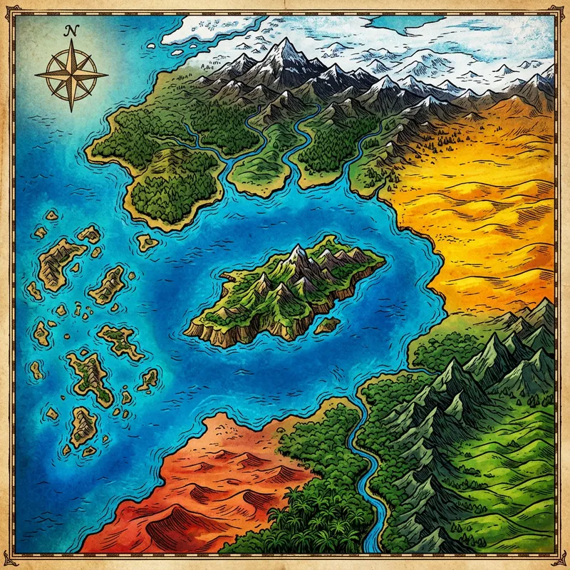 Vibrant 1930s Fantasy World Map for Adventure Lovers