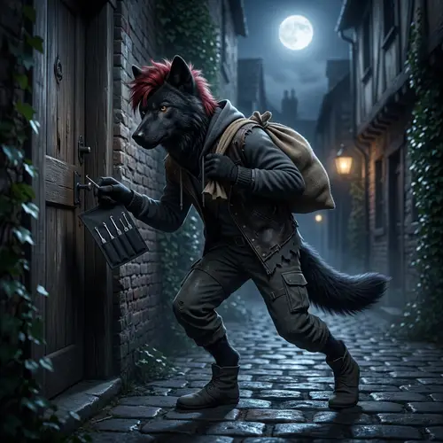Cunning Wolf Thief with Red Mohawk Mullet Hair - Night Thievery Scene