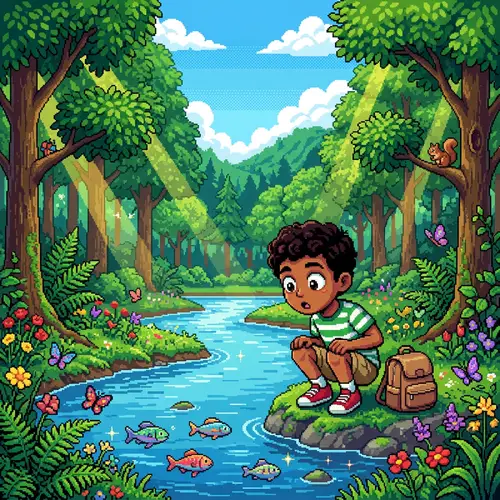 Curious Young Boy in Pixel Art - Nature Exploration