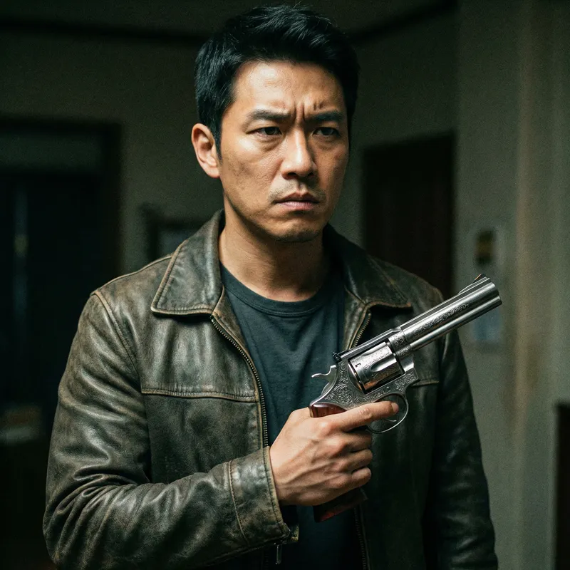 Mysterious East Asian Man Holding Vintage Gun