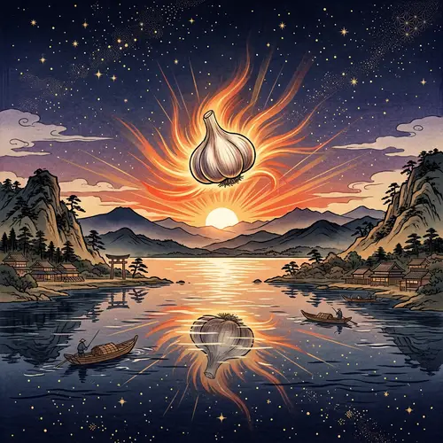 Japanese Twilight Scene with Floating Garlic | 4K Illustration