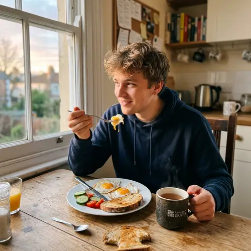 Youthful European Male Having Breakfast with Fried Eggs and Tea