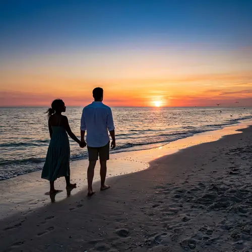 Tranquil Sunset Silhouette of Diverse Couple on Beach