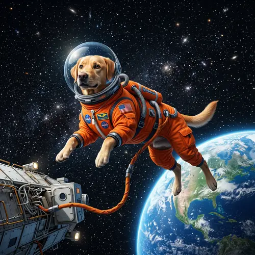 Dog Astronaut Floating in Outer Space